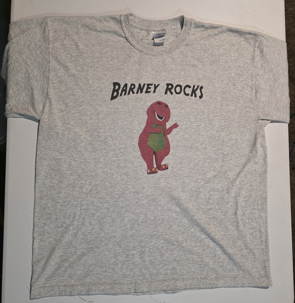 Vtg Barney Rocks Purple Dinosaur Graphic T-Shirt Adult XL Gray